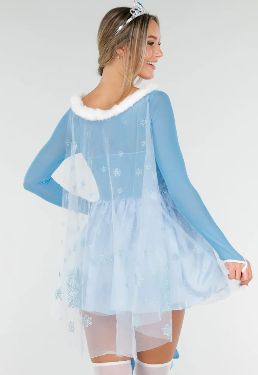 IJsprinses Kostuum met Blauw Jurkje Sneeuwvlokken Cape en Stretch