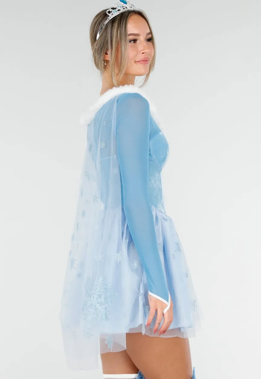 IJsprinses Kostuum met Blauw Jurkje Sneeuwvlokken Cape en Stretch