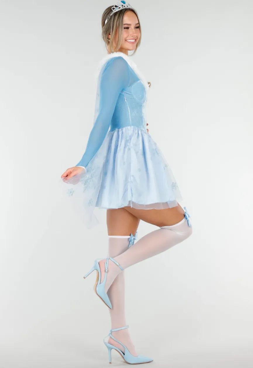 IJsprinses Kostuum met Blauw Jurkje Sneeuwvlokken Cape en Stretch