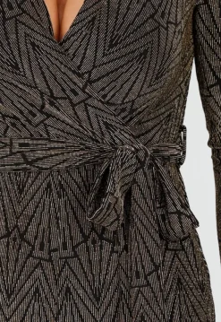 Jumpsuit met Ceintuur en Lange Mouwen in Goud met Glitterprint