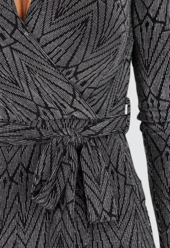 Jumpsuit met V-Hals en Lange Mouwen in Zwart met Zilveren Glitterprint
