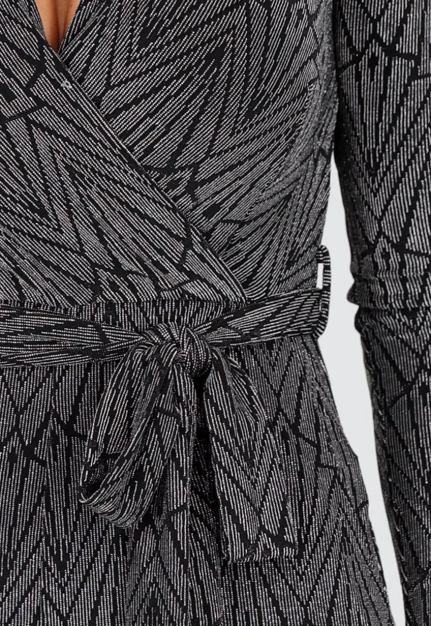 Jumpsuit met V-Hals en Lange Mouwen in Zwart met Zilveren Glitterprint