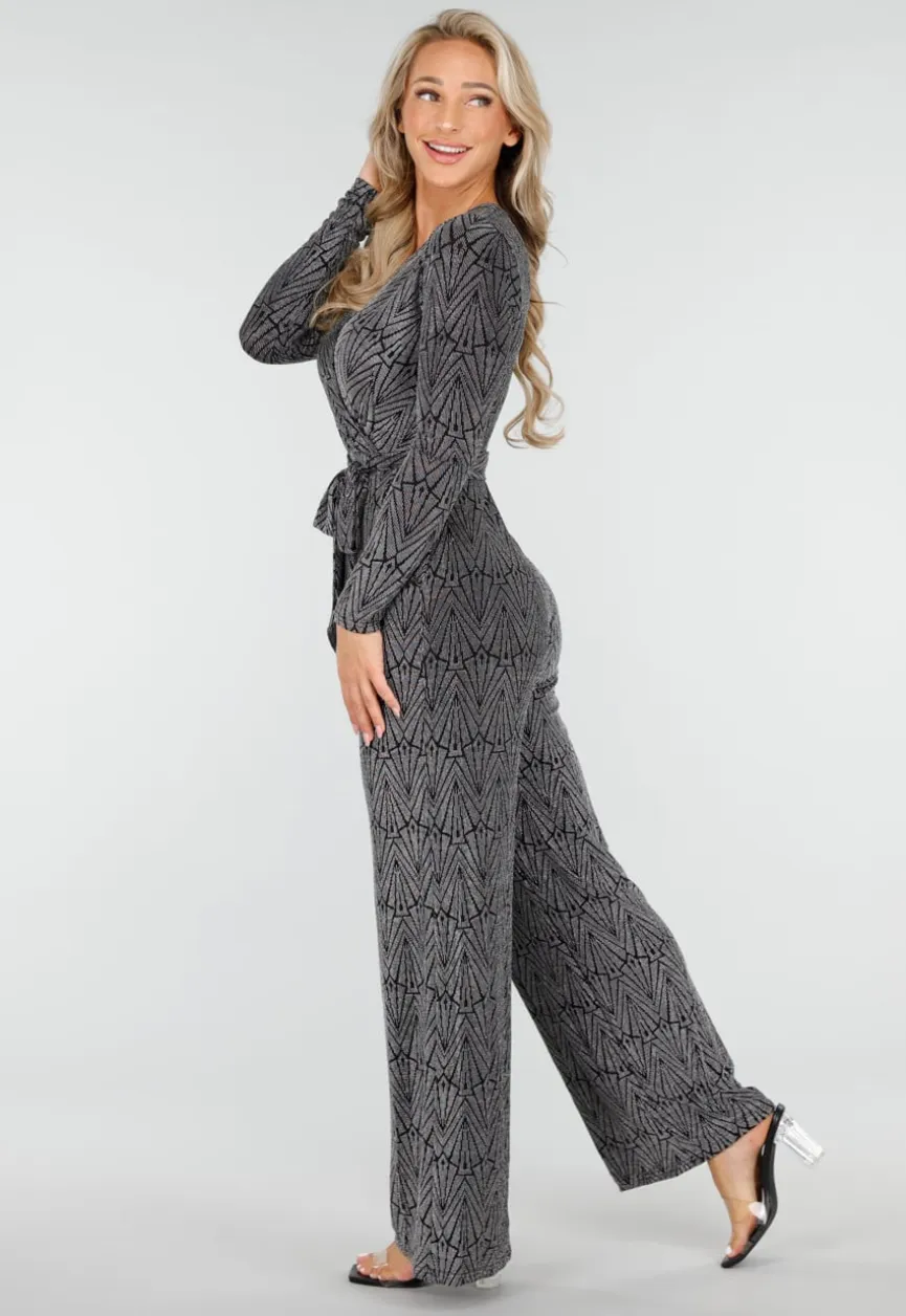 Jumpsuit met V-Hals en Lange Mouwen in Zwart met Zilveren Glitterprint