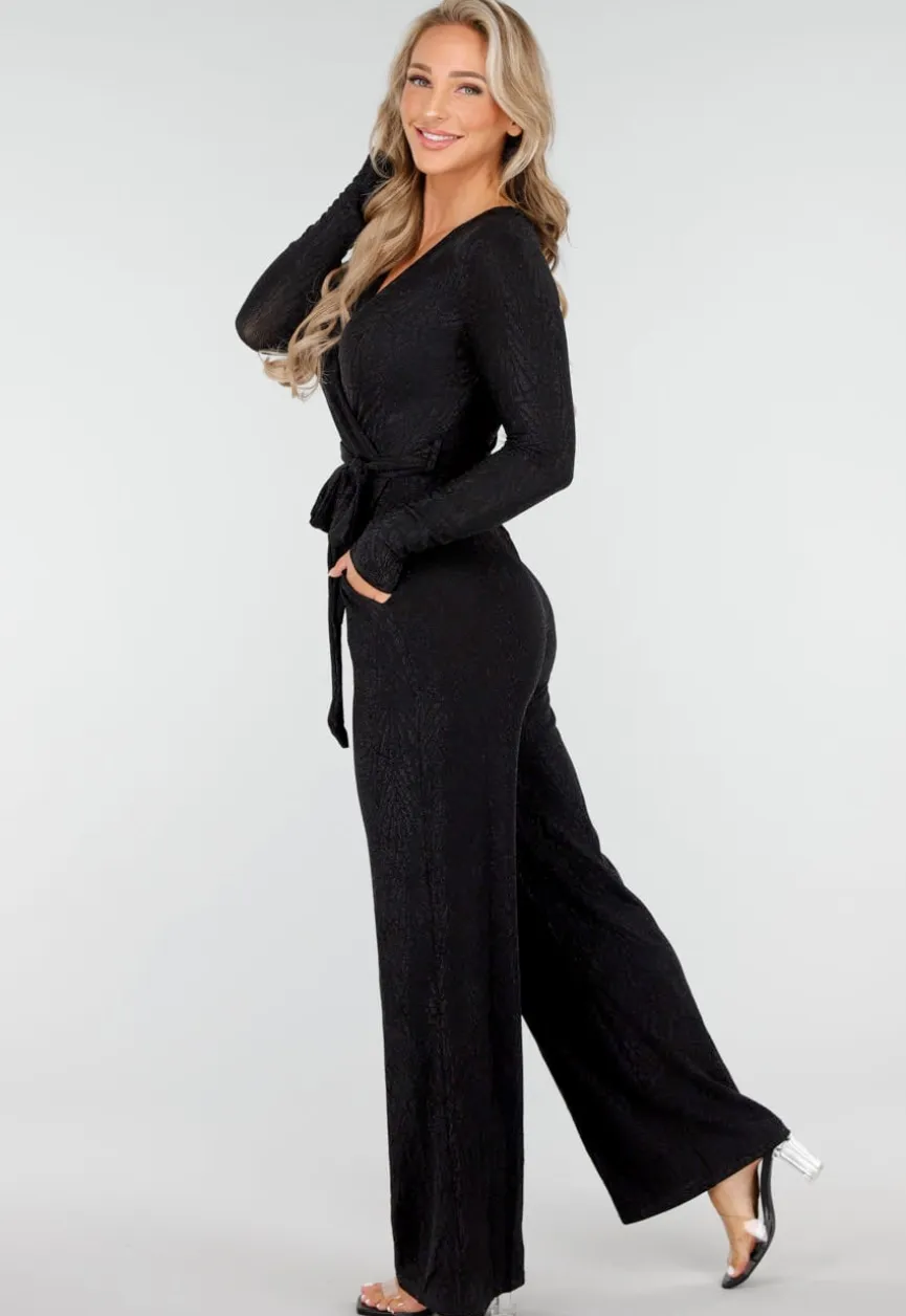 Jumpsuit met V-Hals en Lange Mouwen in Zwart met Glitterprint