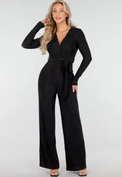 Jumpsuit met V-Hals en Lange Mouwen in Zwart met Glitterprint