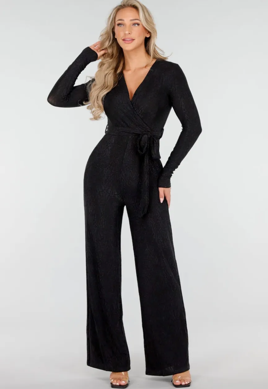 Jumpsuit met V-Hals en Lange Mouwen in Zwart met Glitterprint