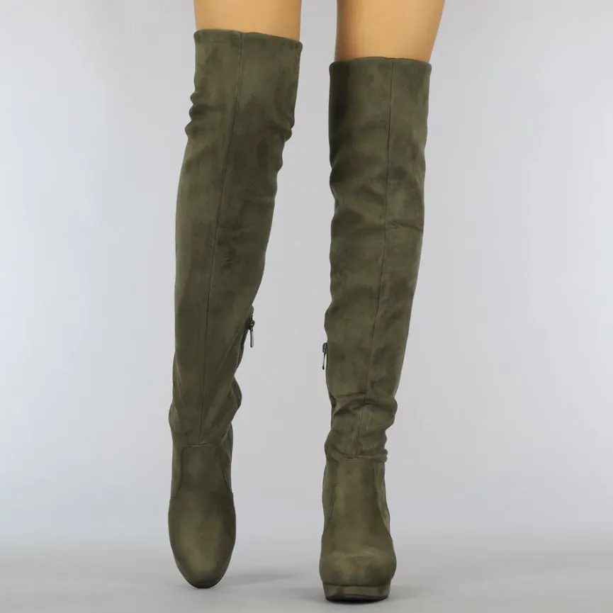 Kaki Suède-Look Overknee Laarzen met Hak