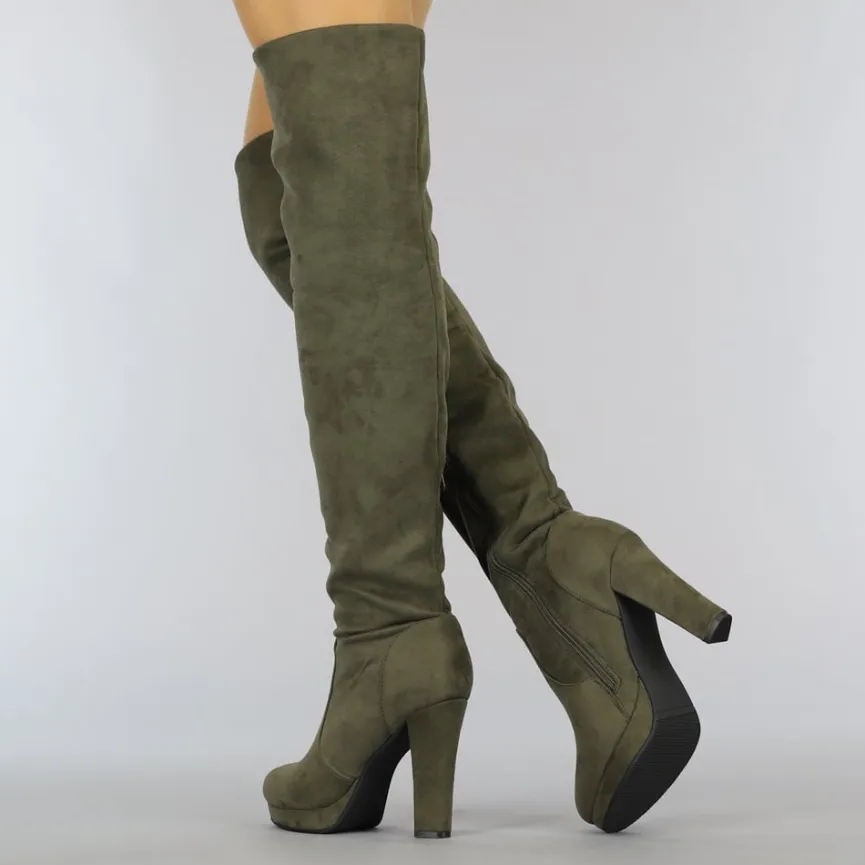 Kaki Suède-Look Overknee Laarzen met Hak
