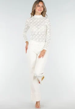 Kanten Beige Top met Lange Mouwen en Col