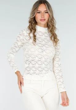 Kanten Beige Top met Lange Mouwen en Col