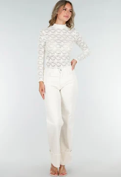 Kanten Beige Top met Lange Mouwen en Col