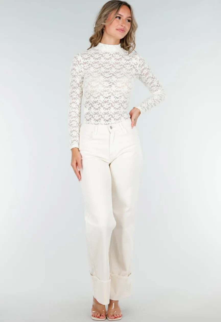 Kanten Beige Top met Lange Mouwen en Col