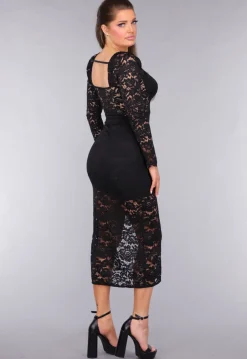 Kanten Longsleeve Jurk met Pads en Split in Zwart