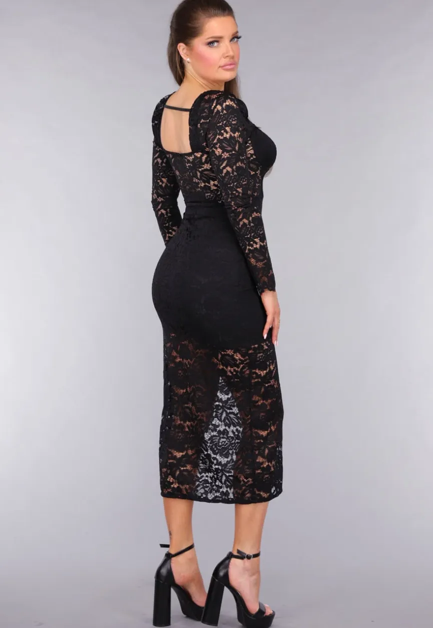 Kanten Longsleeve Jurk met Pads en Split in Zwart