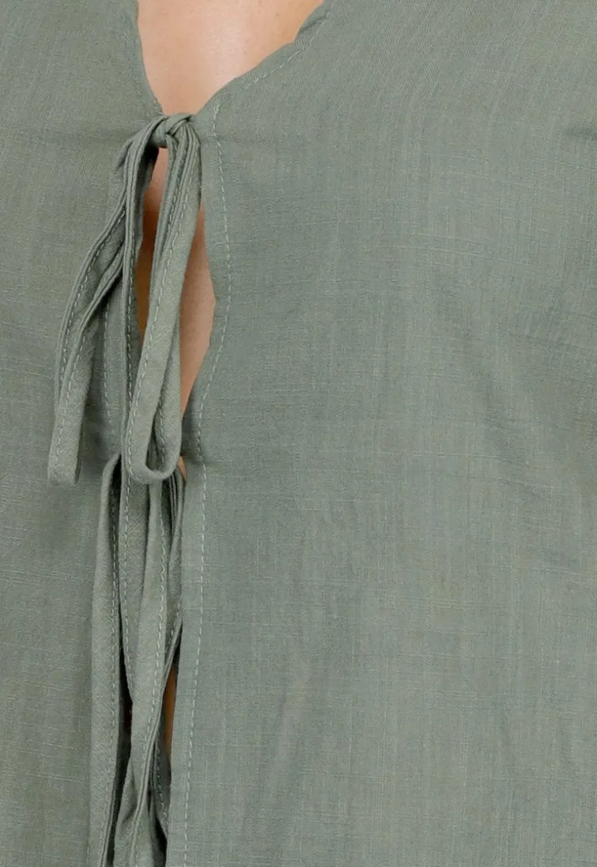 Katoenen Khaki Tweedelige Set met Dubbele Strik en Short