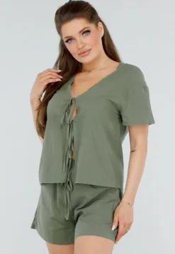 Katoenen Khaki Tweedelige Set met Dubbele Strik en Short