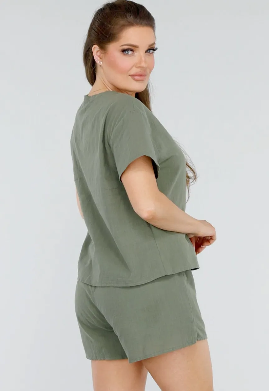 Katoenen Khaki Tweedelige Set met Dubbele Strik en Short