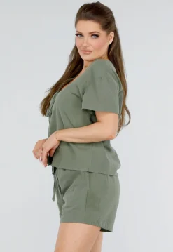 Katoenen Khaki Tweedelige Set met Dubbele Strik en Short