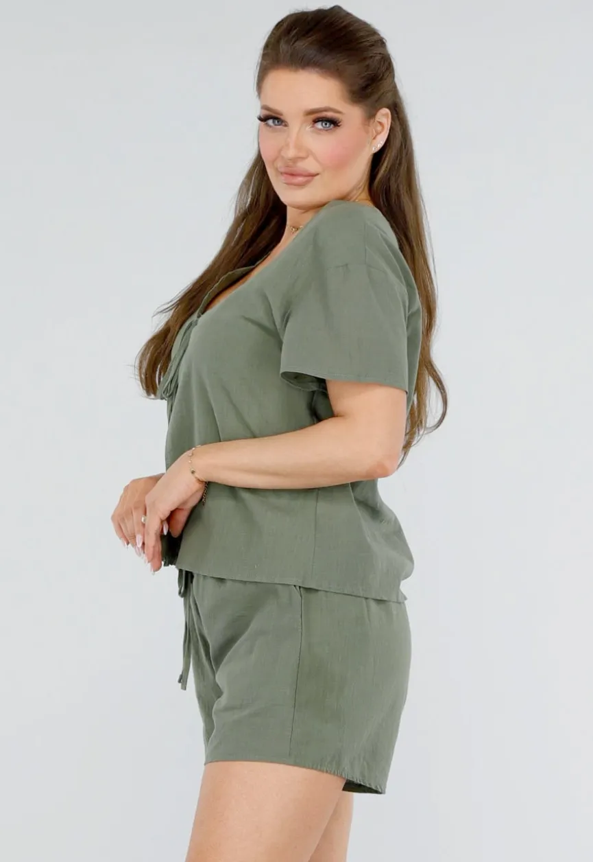 Katoenen Khaki Tweedelige Set met Dubbele Strik en Short