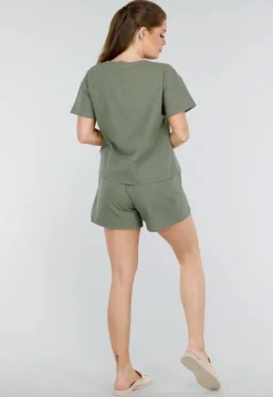 Katoenen Khaki Tweedelige Set met Dubbele Strik en Short