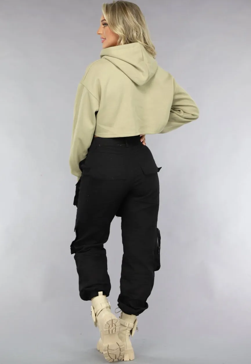 Khaki Cropped Hoodie met Pofmouwen