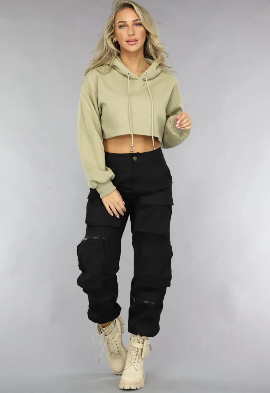 Khaki Cropped Hoodie met Pofmouwen