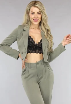 Khaki 2-delig Dameskostuum met Wijde Broek