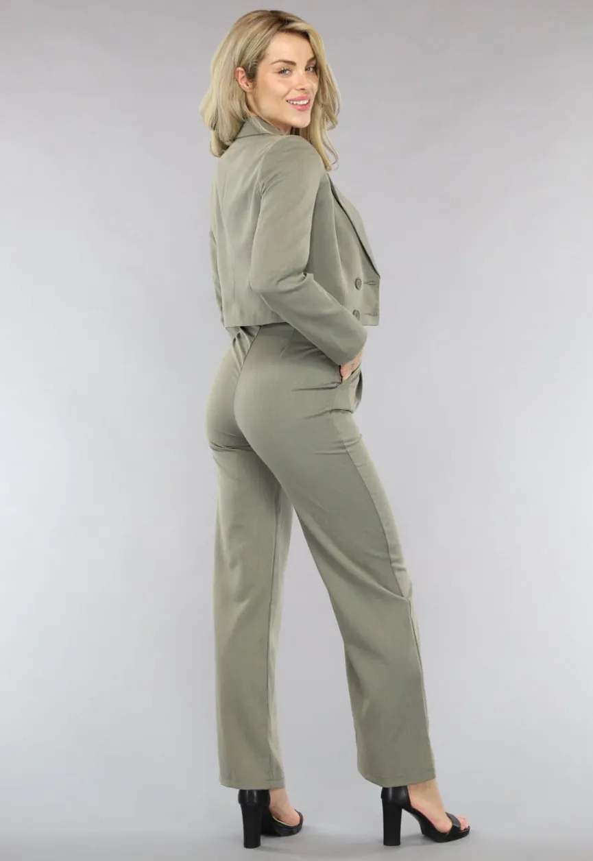 Khaki 2-delig Dameskostuum met Wijde Broek