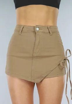 Khaki Denim Skort met Overslag en Veterdetails