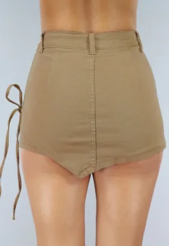 Khaki Denim Skort met Overslag en Veterdetails