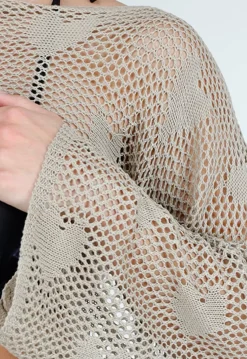 Khaki Gehaakte Bolero met Hartjesmotief en Lange Mouwen