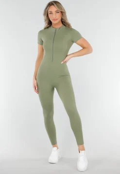 Khaki Groen Stretch Sport Jumpsuit met Ritsluiting
