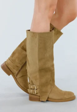Khaki Hoge Laarzen met Gespdetail en Lage Hak