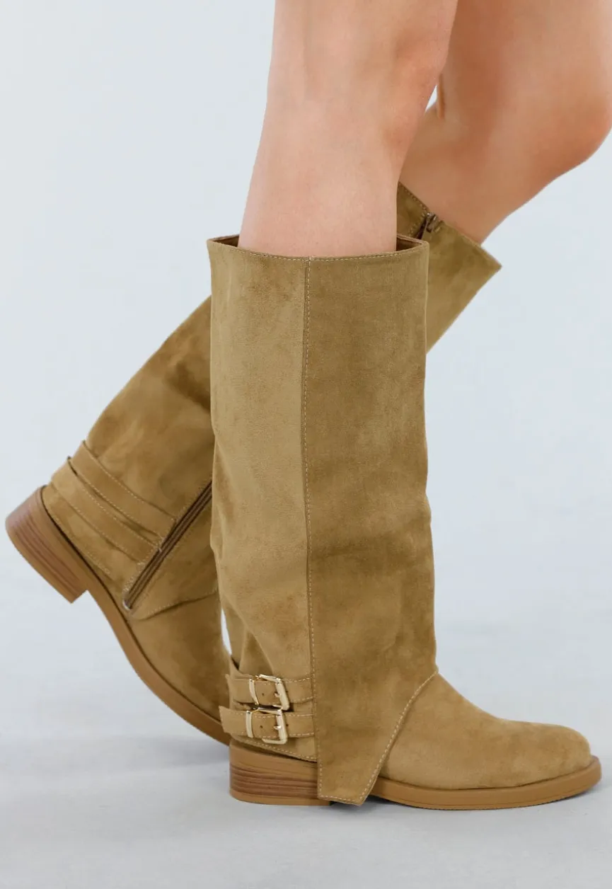 Khaki Hoge Laarzen met Gespdetail en Lage Hak
