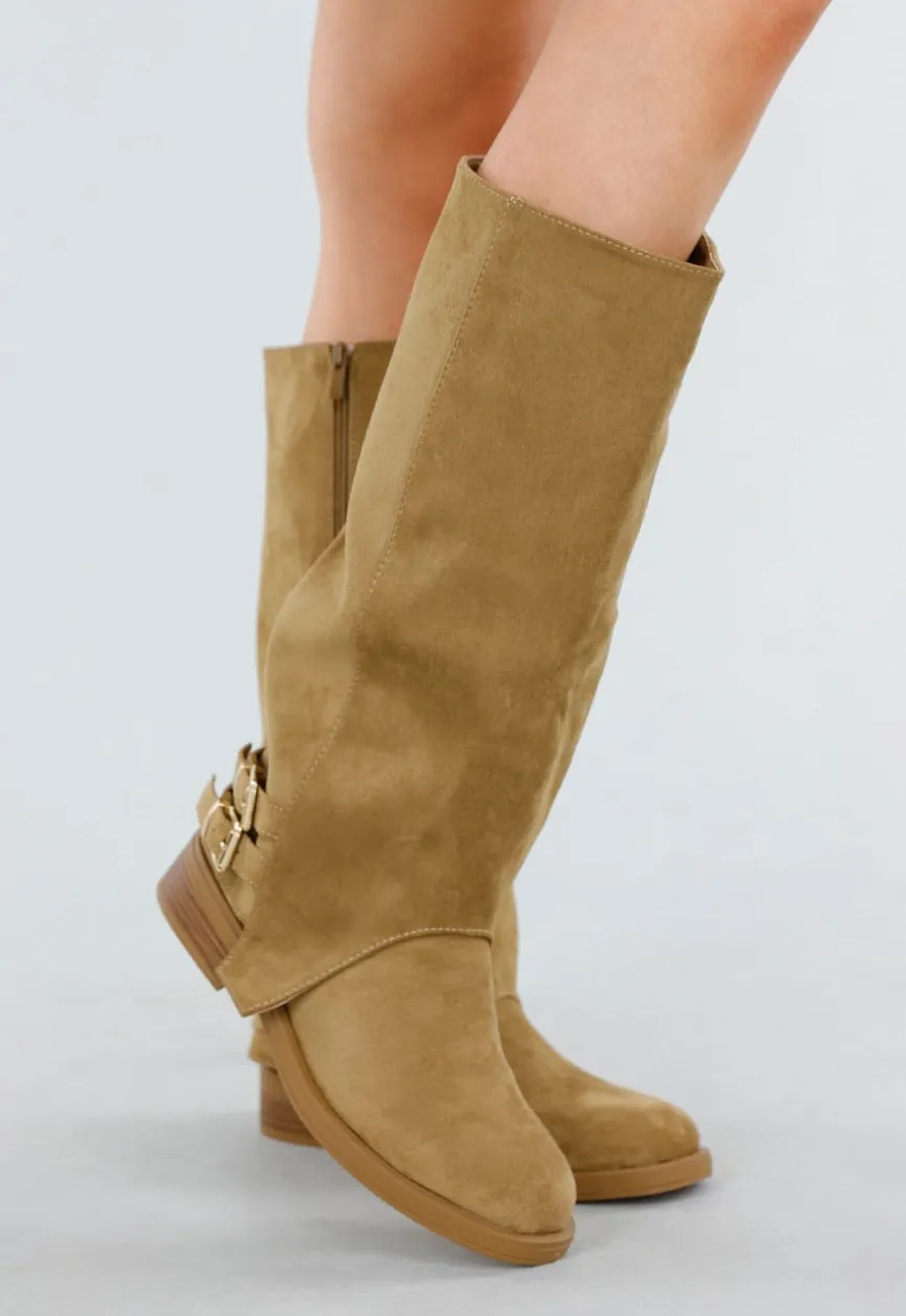 Khaki Hoge Laarzen met Gespdetail en Lage Hak