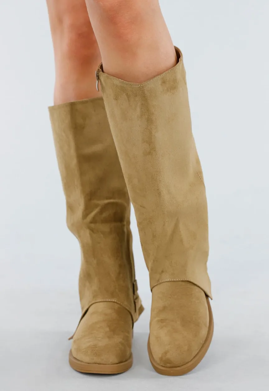 Khaki Hoge Laarzen met Gespdetail en Lage Hak