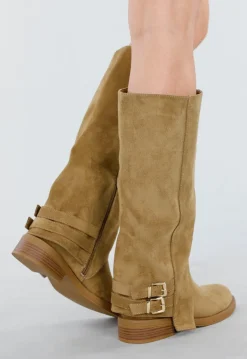 Khaki Hoge Laarzen met Gespdetail en Lage Hak