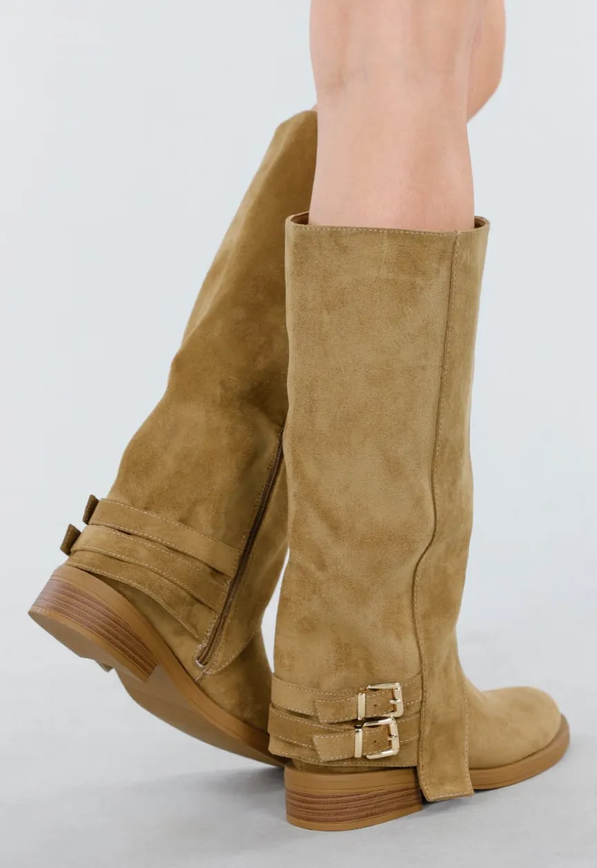 Khaki Hoge Laarzen met Gespdetail en Lage Hak