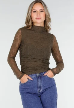 Khakikleurige See Through Kanten Top met Gedrappeerd Effect