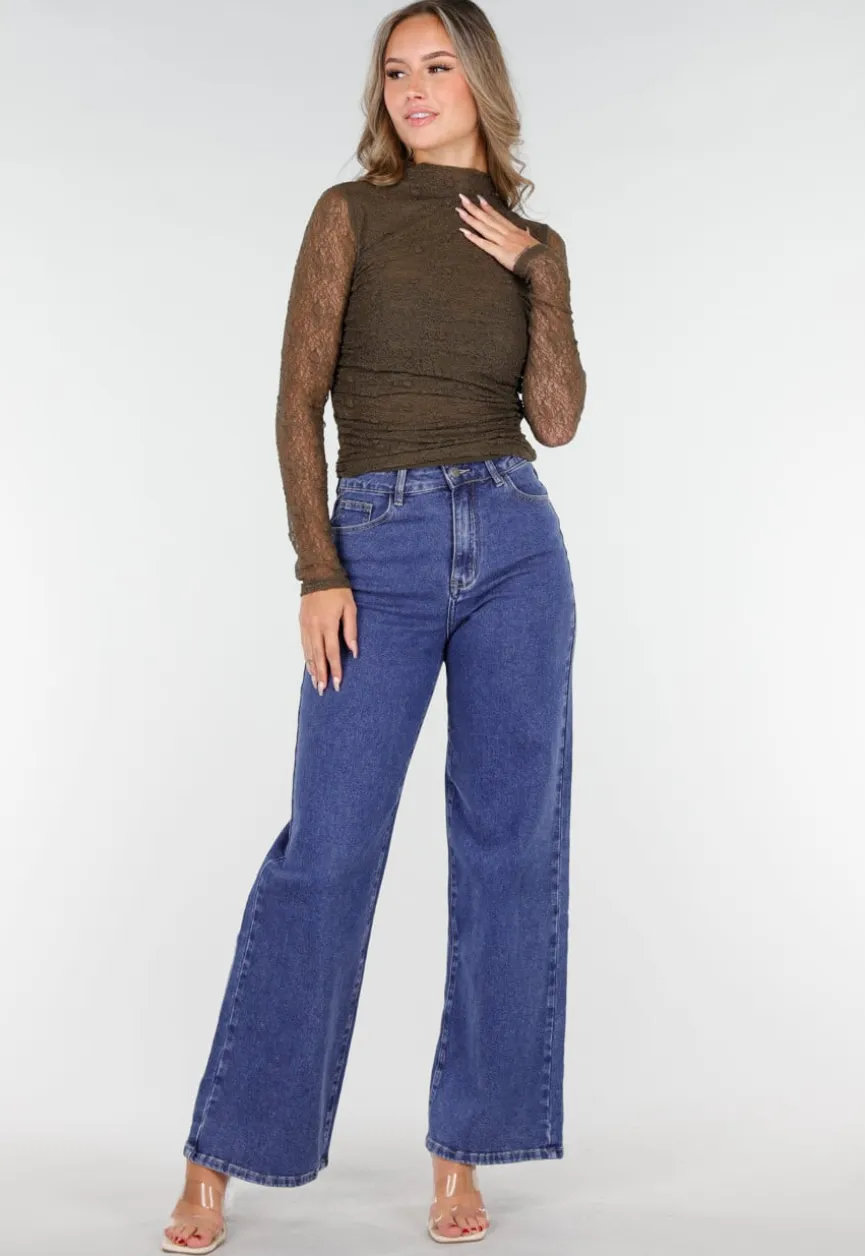 Khakikleurige See Through Kanten Top met Gedrappeerd Effect
