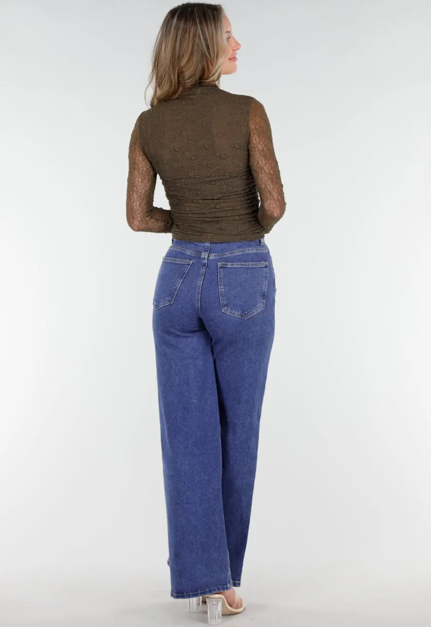 Khakikleurige See Through Kanten Top met Gedrappeerd Effect