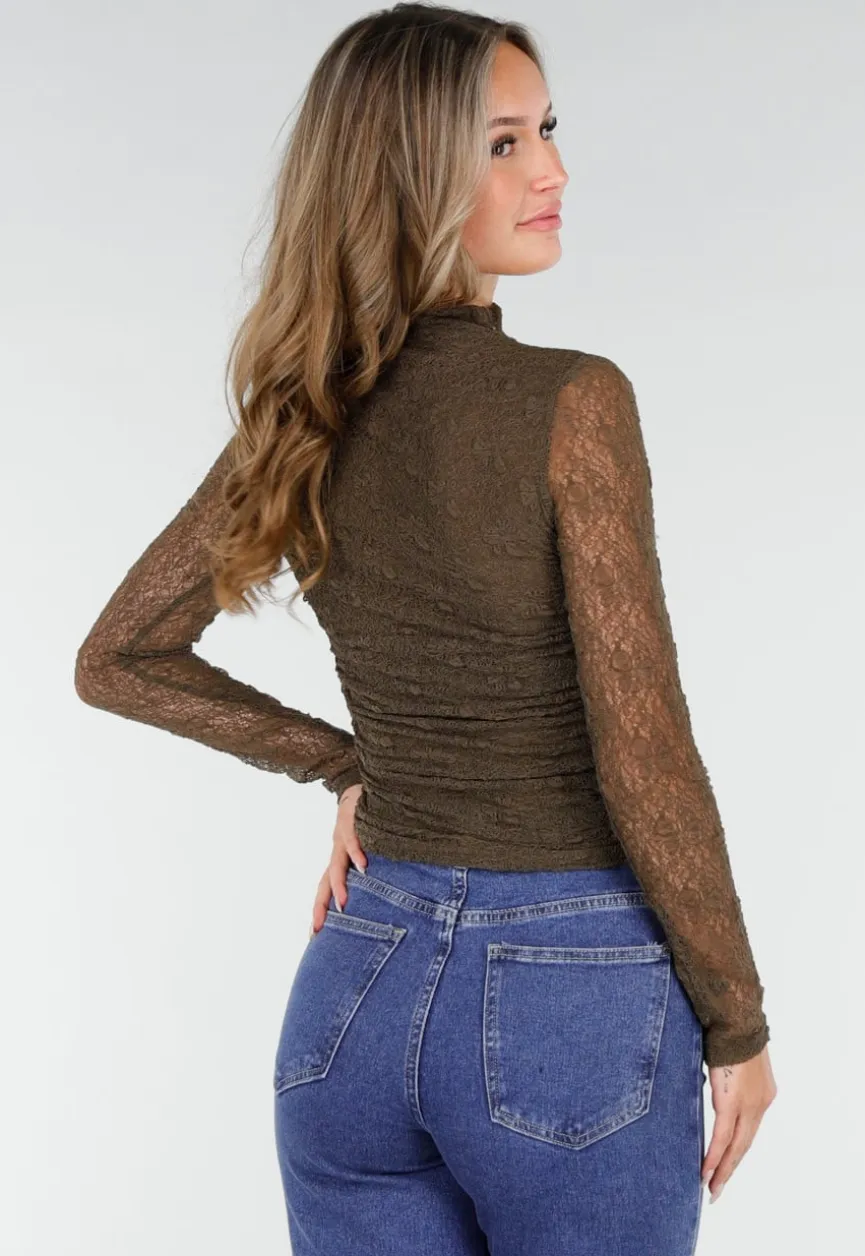 Khakikleurige See Through Kanten Top met Gedrappeerd Effect