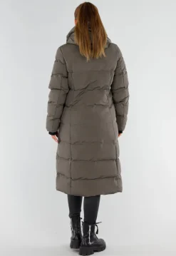 Khaki Lange Pufferjas met Capuchon en Hoge Kraag