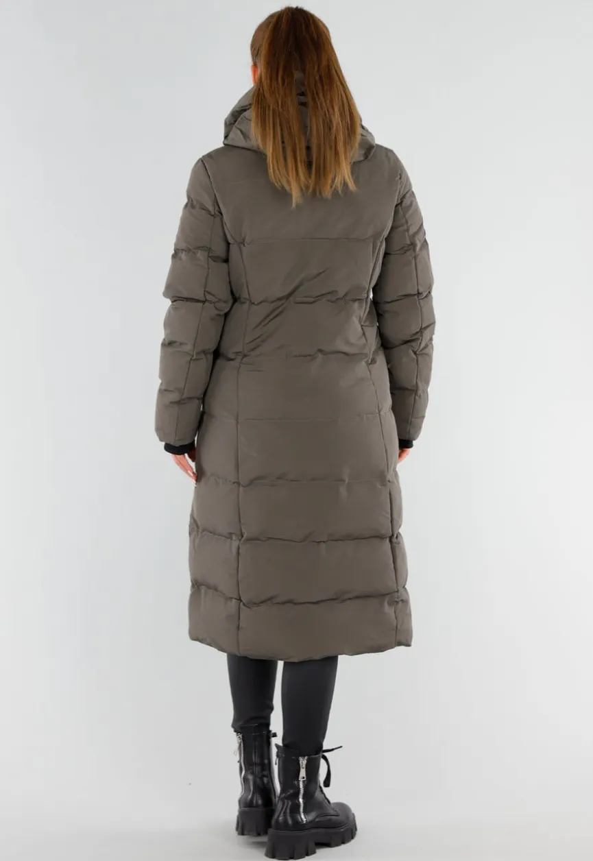 Khaki Lange Pufferjas met Capuchon en Hoge Kraag
