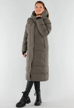 Khaki Lange Pufferjas met Capuchon en Hoge Kraag