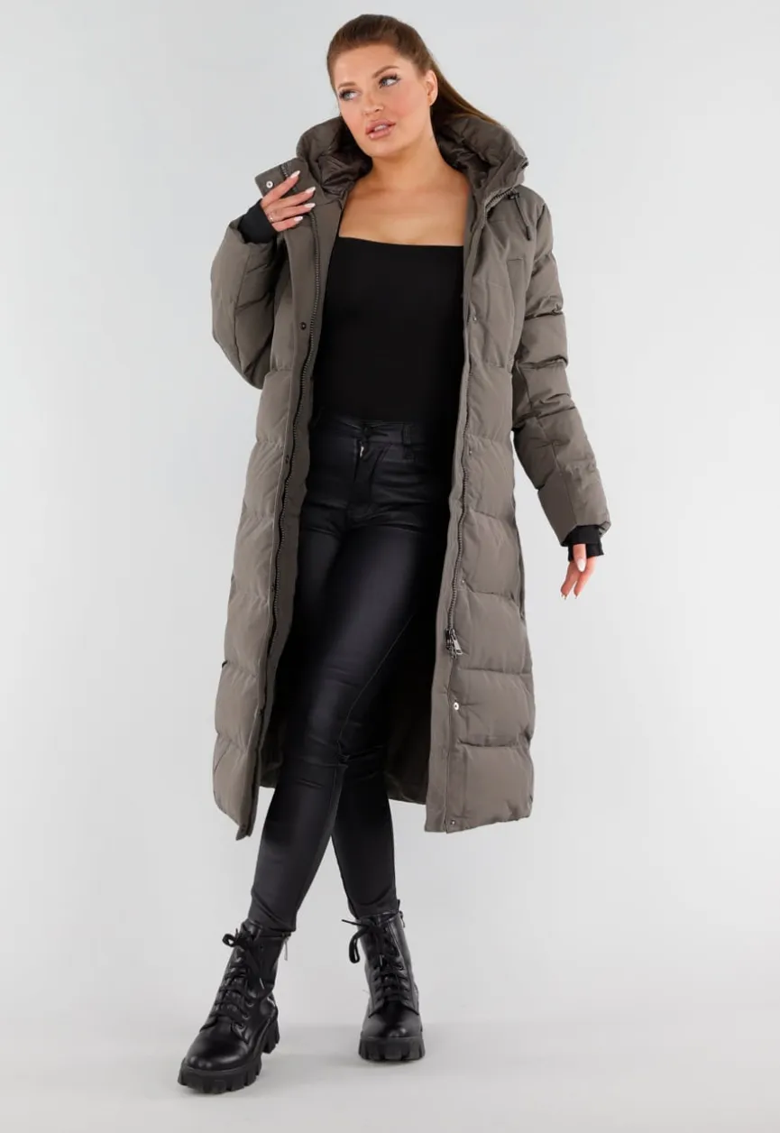 Khaki Lange Pufferjas met Capuchon en Hoge Kraag