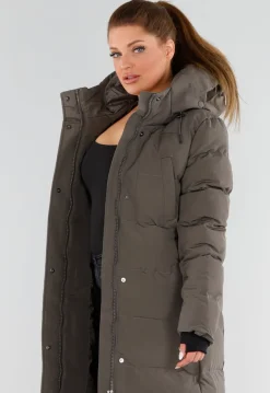 Khaki Lange Pufferjas met Capuchon en Hoge Kraag