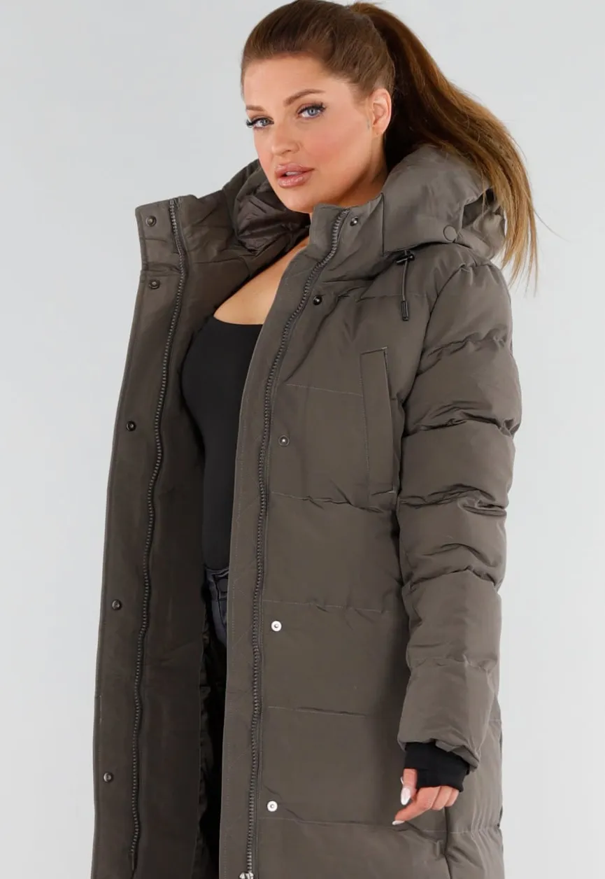 Khaki Lange Pufferjas met Capuchon en Hoge Kraag