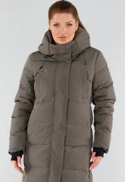 Khaki Lange Pufferjas met Capuchon en Hoge Kraag