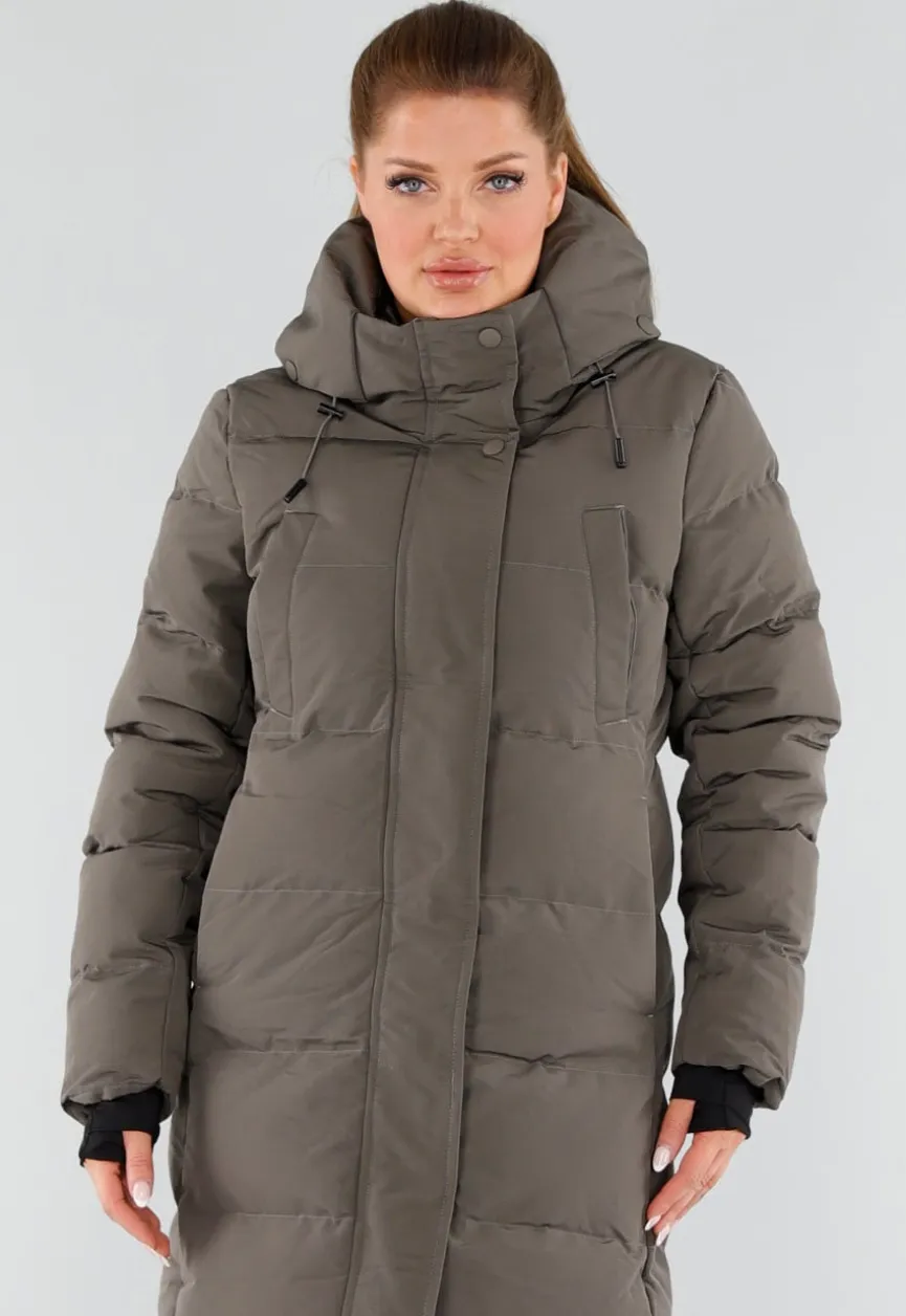 Khaki Lange Pufferjas met Capuchon en Hoge Kraag